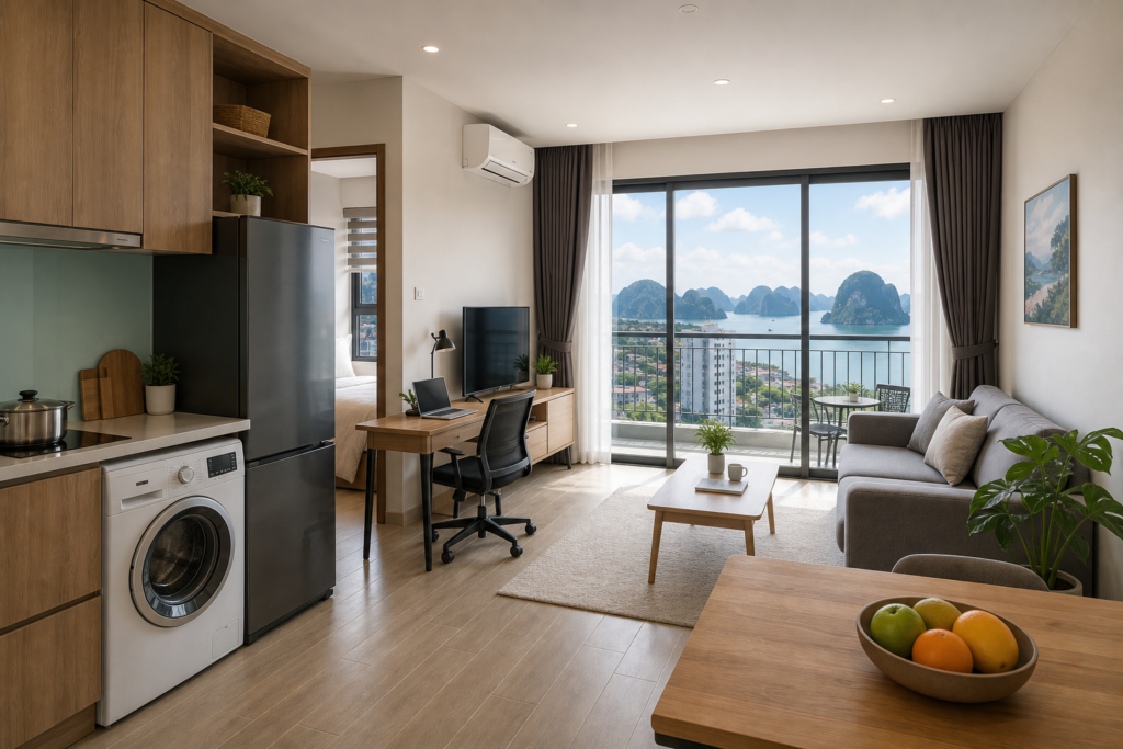 Rent & Stays Modern apartment interior with a bay view