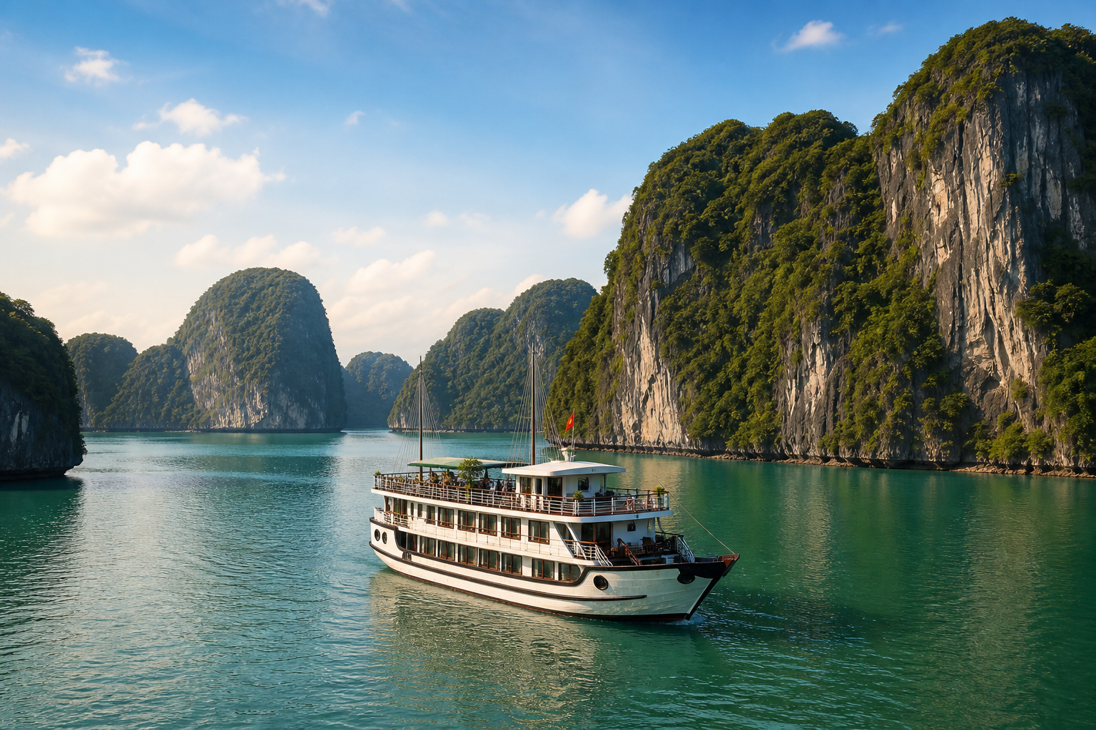 Tours Cruise boat among limestone islands in Ha Long Bay