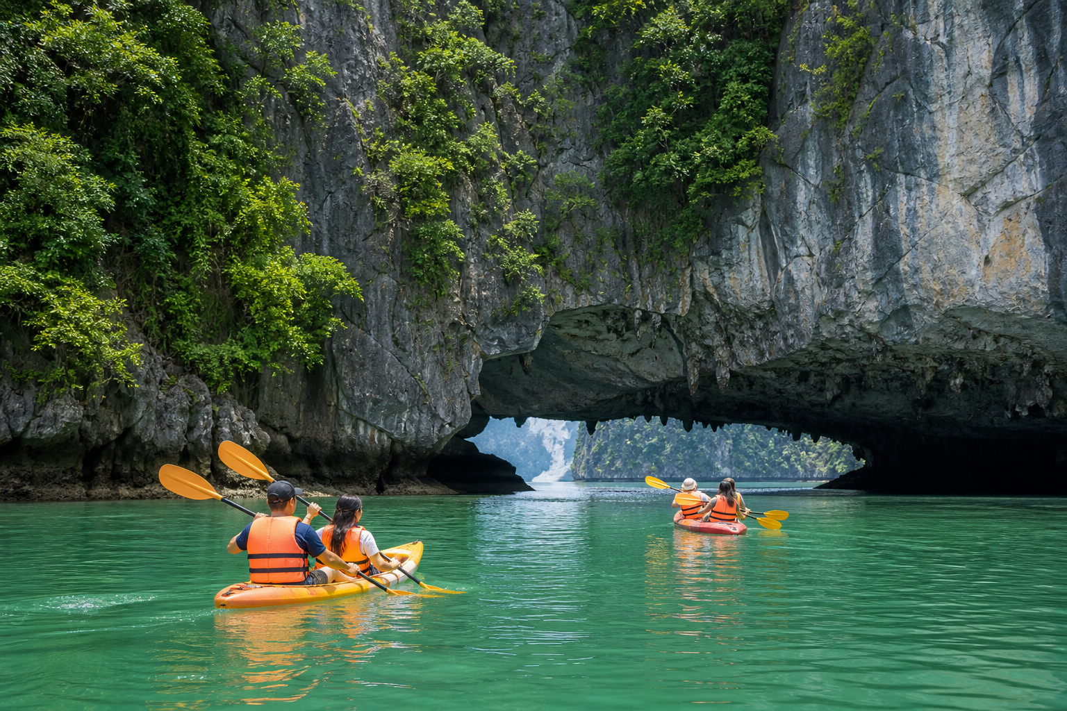 Tours Kayaking through a cave in Ha Long Bay