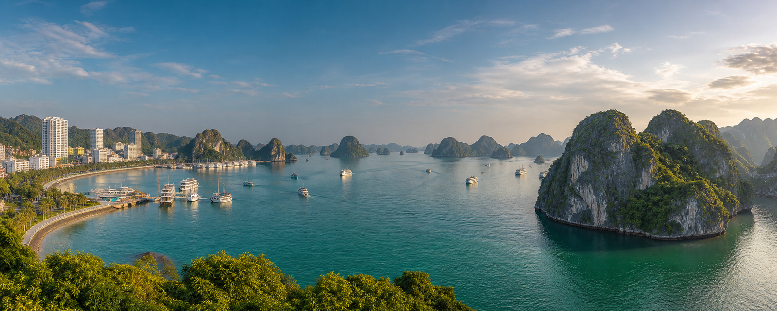 Where to Stay in Ha Long: Bai Chay vs Hon Gai vs Tuan Chau Ha Long Bay and the city coastline seen across calm water